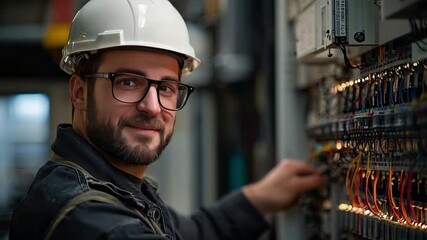Worker repairs electrical control panel in factory at daytime while smiling and showing focus on task