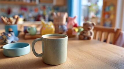 High coffee mug on wooden kitchen table surrounded by colorful children's toys and a pet bowl, bright cozy interior with natural daylight, family-friendly setting