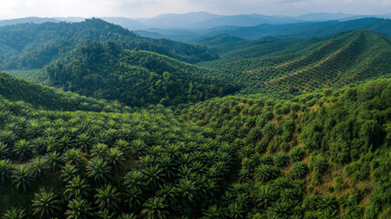 Fototapeta premium Vast Green Hills Covered in Palm Trees at Morning Light