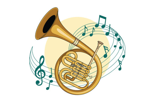 A vector illustration of a French horn surrounded by musical notes and a treble clef