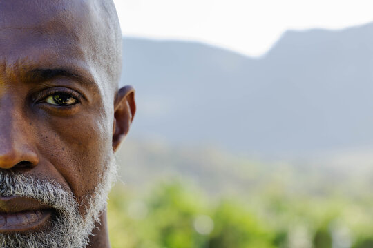 Senior African American man gazing close-up outdoors with blurred trees and mountains, copy space