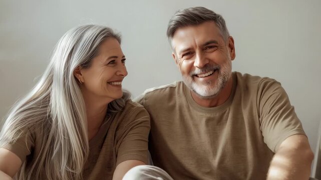 Exchanging smiles, senior couple leaning together on couch, showing affection in beige shirts
