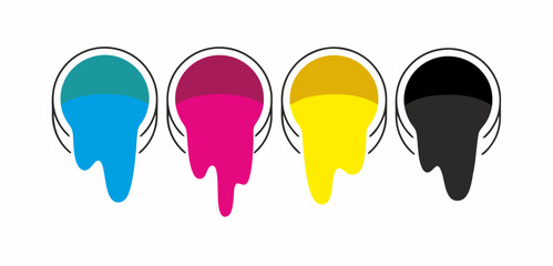 Four CMYK ink drops dripping from circular wells, clean vector icons of printing colors with glossy fill and outline. Ideal for print industry, graphic design, UI badges, palette branding.
