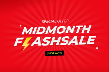Midmonth flash sale vector banner with bold text effect, lightning bolt icon, and red sunburst background vector illustration.