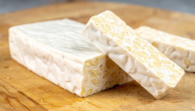 Fresh Indonesian Tempeh Blocks: Healthy Plant-Based Protein Source on a Wooden Cutting Board