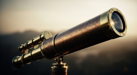 Antique brass telescope on a tripod overlooking a hazy landscape