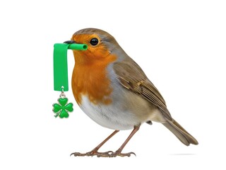 St Patrick's Day European robin bird holds lucky clover charm on green ribbon