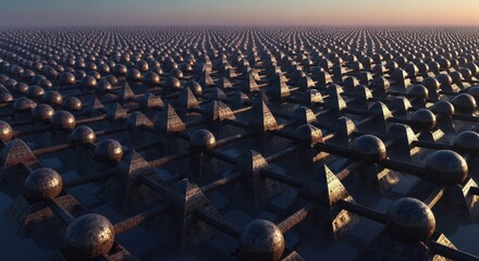 Vast, repeating geometric structure features metallic spheres and pyramids receding toward a hazy horizon.