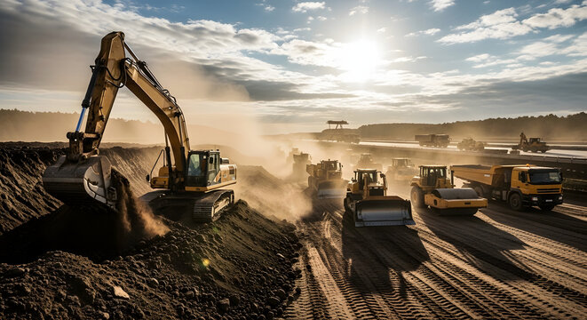 Heavy machinery excavating soil on large highway project, low-angle view, clouds and dust, representing construction, engineering, and industrial progress