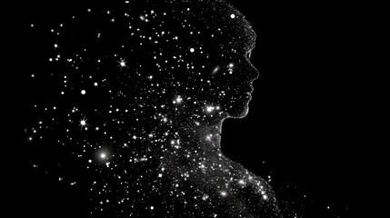 Silhouette of a person made of shimmering stars against a black background.