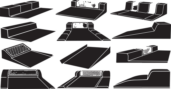 Various skate park ramps and obstacles in black and white