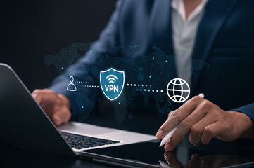 VPN connection with business professional using laptop and tablet. digital cybersecurity privacy, secure browsing, and encrypted internet data transfer for browsing safety and global online protection