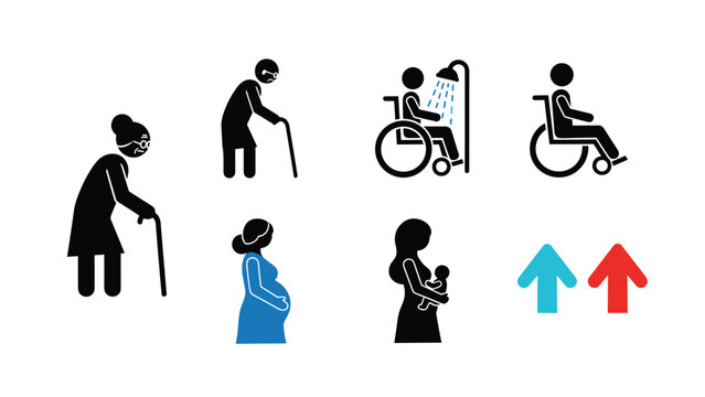 Universal accessibility icons showing elderly people, wheelchair users, a pregnant woman, and a parent with a child in black and blue.