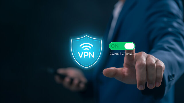 Close-up of hand pressing digital ON switch to enable VPN service for private browsing, anonymous browsing, data encryption protection and secure online network for personal privacy