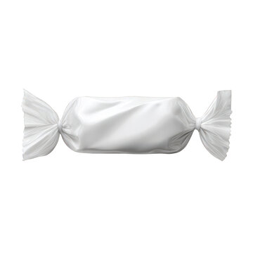Blank white rectangular glossy candy or product wrapper mockup with twisted ends, isolated on transparent background.