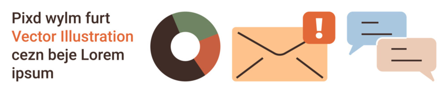 Communication systems, email notifications, data analysis, messaging platforms, business reporting, alert signals. Envelope icon with notification, pie chart speech bubbles. Communication systems