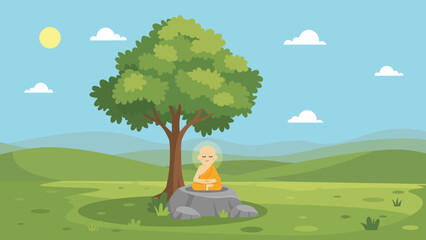 Buddhist Monk Meditating Under a Tree Flat Design.Monk Practicing Mindfulness in Nature.Spiritual Landscape with Meditating Monk on a Rock