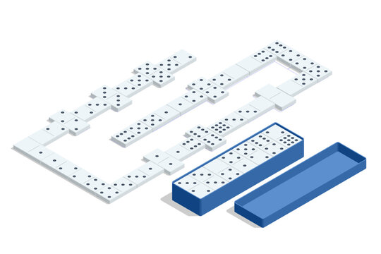 Isometric domino set with tiles and box. Classic tabletop game concept isolated on white background.