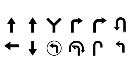 Collection of diverse black arrow icons indicating various directions and turns for navigation