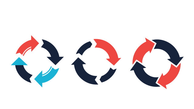 Set of three circular arrow icons representing cycle, recycle, and continuous process in various color combinations and styles.
