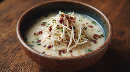 Bowl of traditional asian style creamy white soup garnished with fresh bean sprouts and spicy red chili flakes served in a rustic ceramic bowl on a dark wooden table for authentic dining concepts