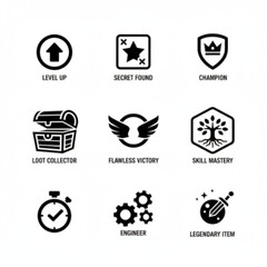 Game Achievement Icons: Level Up, Secret, Champion, Loot, Victory