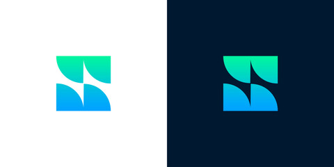 Modern abstract letter S logo design featuring a dynamic blend of blue and green gradient colors, forming a sleek, square, and minimalist graphic for brand identity and corporate visuals