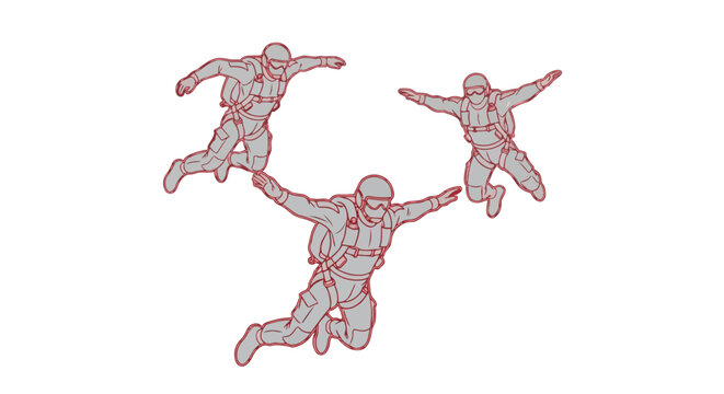 Three skydivers jumping in formation with arms outstretched in mid air