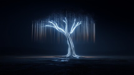Ethereal glowing tree with cascading light strands under a dark sky.