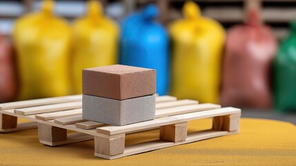 Small wooden pallet with two brick samples in industrial setting