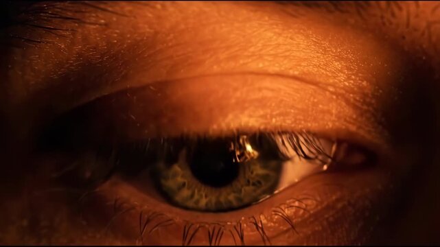 Dramatic macro shot of human eye iris reflecting flickering fire flames