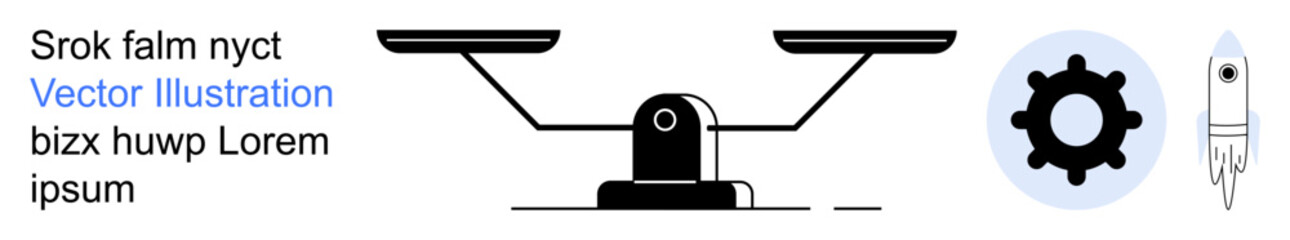 Fototapeta premium Innovation, justice, strategy, decision-making, technology, progress. Balance scale with adjacent gear and rocket symbol. Innovation and justice concepts illustrated through iconic elements
