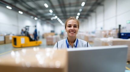Young caucasian female smiling in warehouse with stacks of boxes and yellow forklift