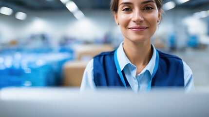 Young hispanic female worker smiling amidst warehouse setting