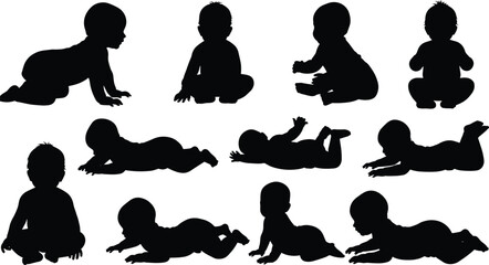 Set of baby silhouettes featuring infants in various poses including crawling, sitting, and lying down for nursery decor and parenting vector design elements © MstSahanaj