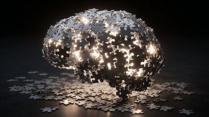 Illuminated metallic puzzle pieces form a brain shape, symbolizing intricate thinking or problem-solving.