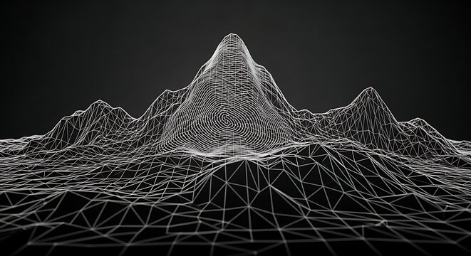 A 3d wireframe mountain landscape with a pointed peak and geometric lines