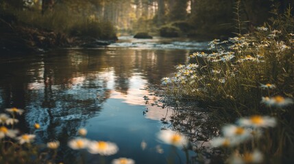 Obraz premium River reflection amberlight concept of balance and mindfulness selective focus slow living theme whimsical Overlay riverside meadow backdrop.
