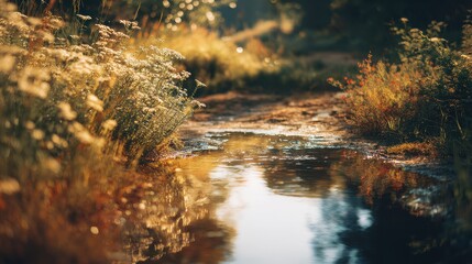 Obraz premium River reflection amberlight concept of balance and mindfulness selective focus slow living theme whimsical Overlay riverside meadow backdrop.