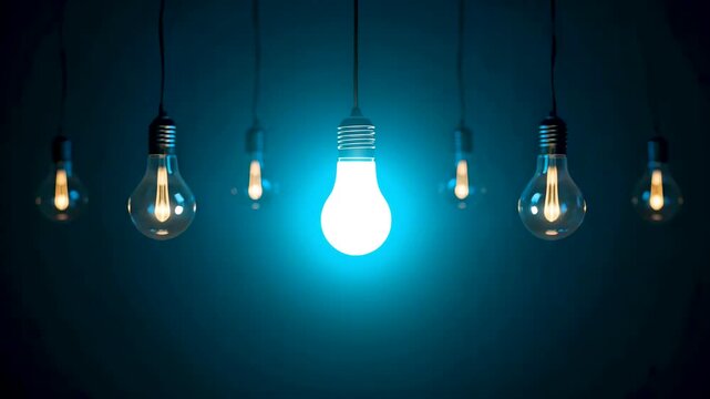 Illuminated Light Bulb Hanging Among Dim Bulbs Against Dark Blue Background