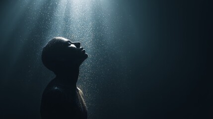 Silhouette of a person immersed in water with rays of light creating a serene atmosphere.