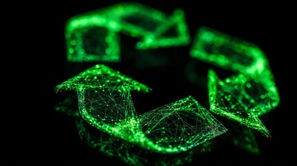 Glowing green recycling symbol composed of digital network lines on a dark background.