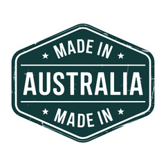 a vintage style emblem displaying made in australia text within a dark green hexagon © MDMOGGEM
