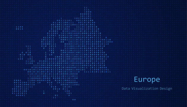 Europe map made of binary code on tech blue background