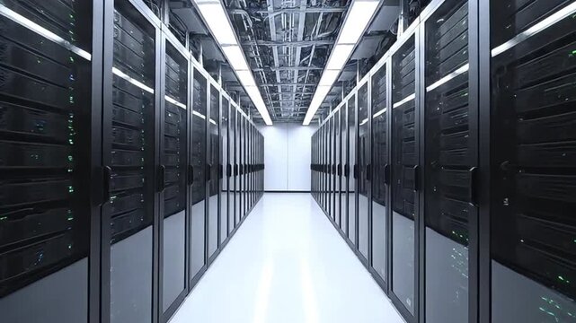 Modern Data Center Server Corridor with High-Performance Computing Infrastructure and Cloud Technology