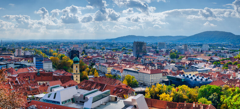 Panoramic View of Graz Old Town and Kunsthaus