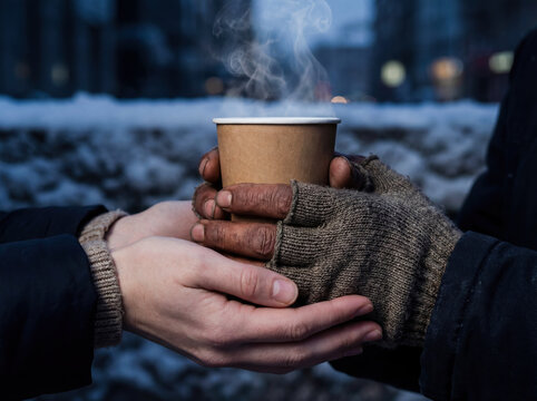 Volunteer giving warm drink to person in need close up hands touching cup charity support empathy background copy space winter relief kindness