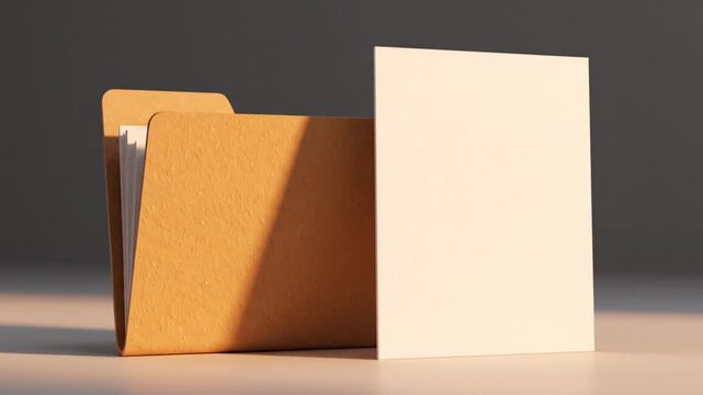 Realistic 3D Render of Open Brown Folder and Blank White Card Mockup with Sunlight Shadows