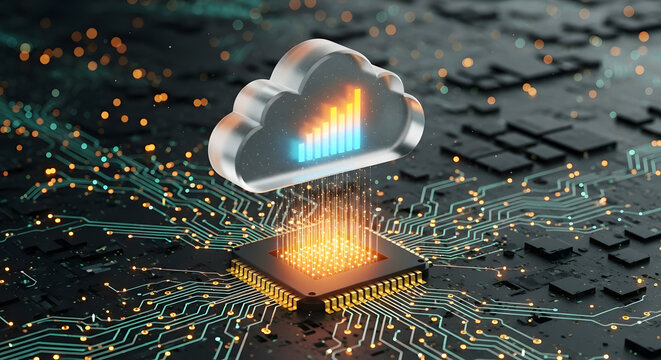Glowing cloud computing icon hovering over microchip circuit board symbolizing big data analytics and future digital storage innovation - Powered by Adobe