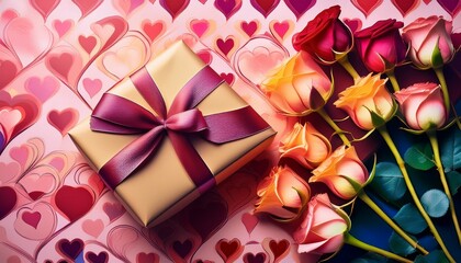 brightly wrapped gifts and roses on a heart patterned background for a special occasion